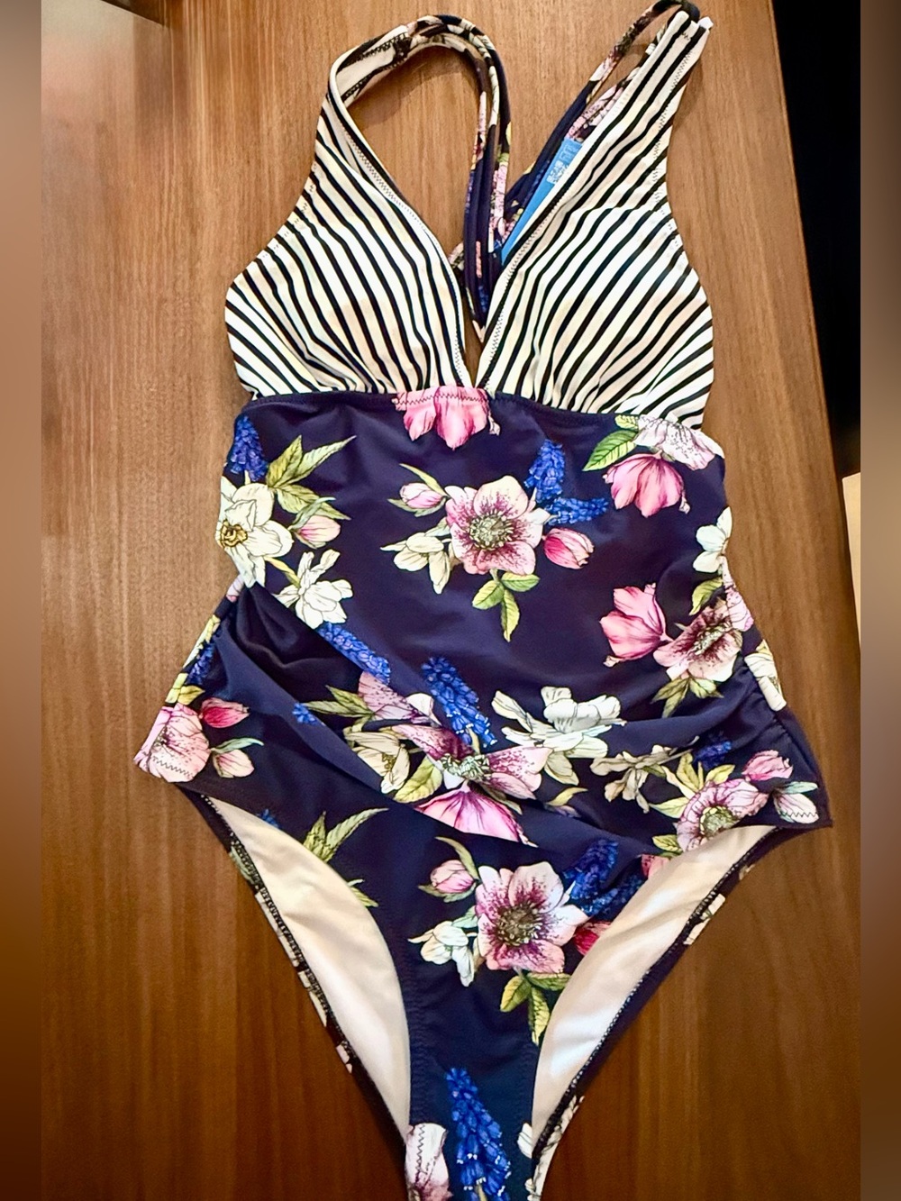 Cupshe Navy Floral One-Piece Swimsuit with Pink & White Accents